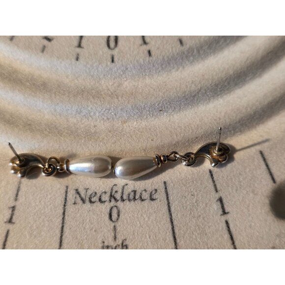 Vintage Faux Pearl Drop Earrings With Gold-Tone Metal & Wave Design - Picture 2 of 4